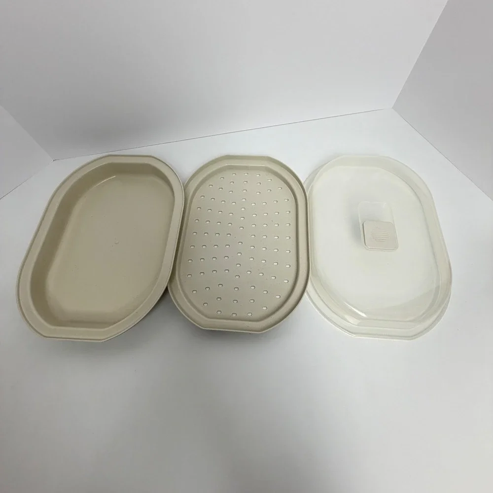Vintage Progressive Miracle Ware Microwave Steamer Beige 3-Piece Set Vented Lid